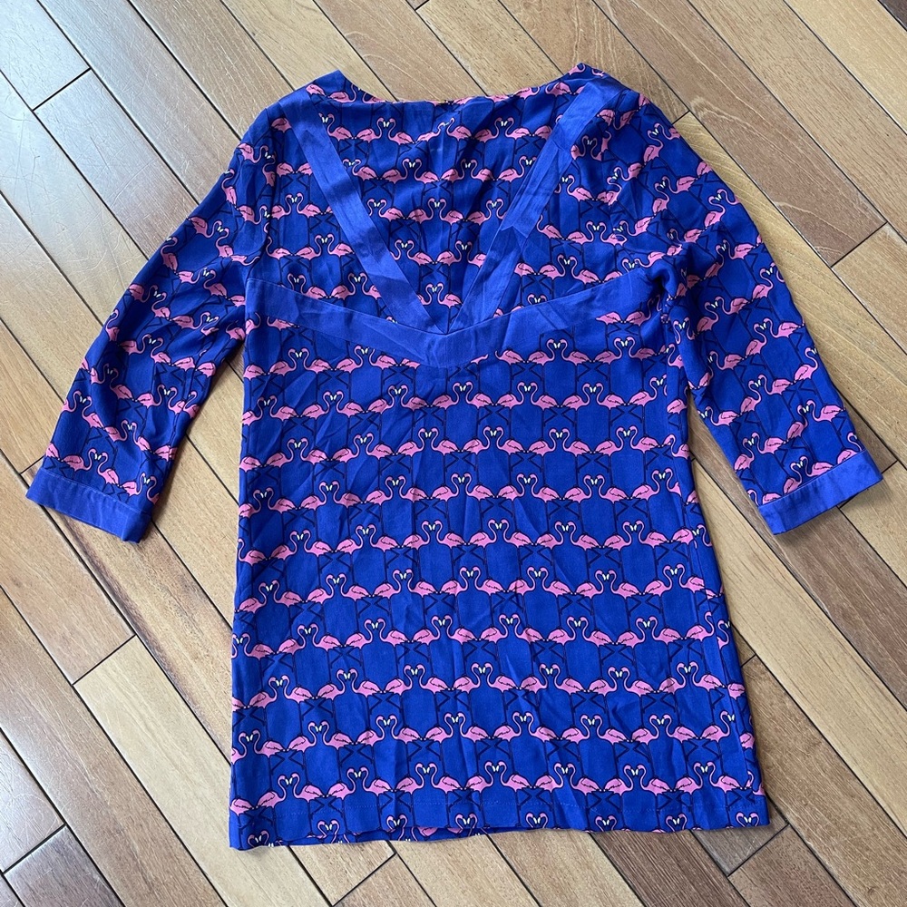 Harlyn Flamingo Print Silk Shift Dress XS Anthropologie Bluepink 3/4 slv Tunic - Picture 9 of 10